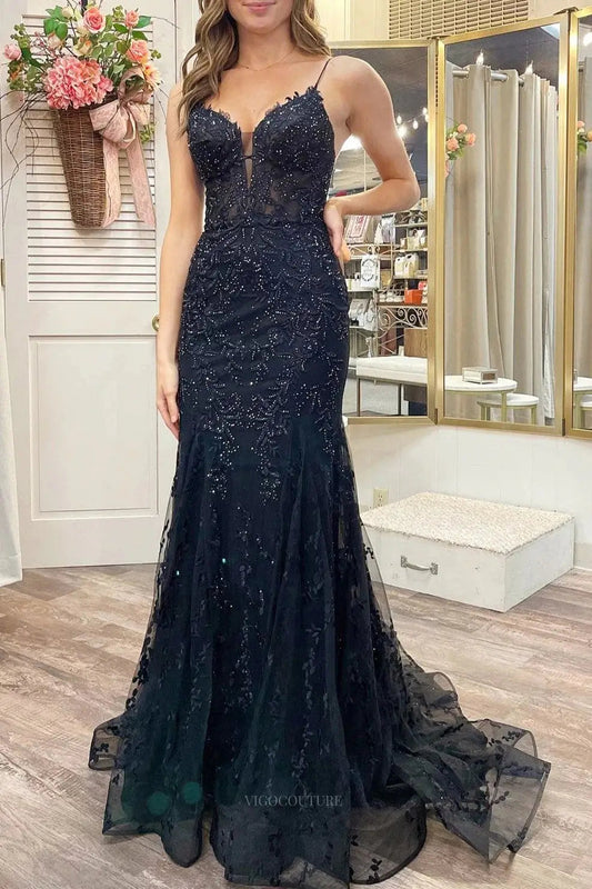 Prom Dresses 2025 to impress Elegant Lace Mermaid Prom Dresses 2025 with Spaghetti Straps & Plunging V-Neck – 25102-vigocouture-Black-Custom Size-vigocouture