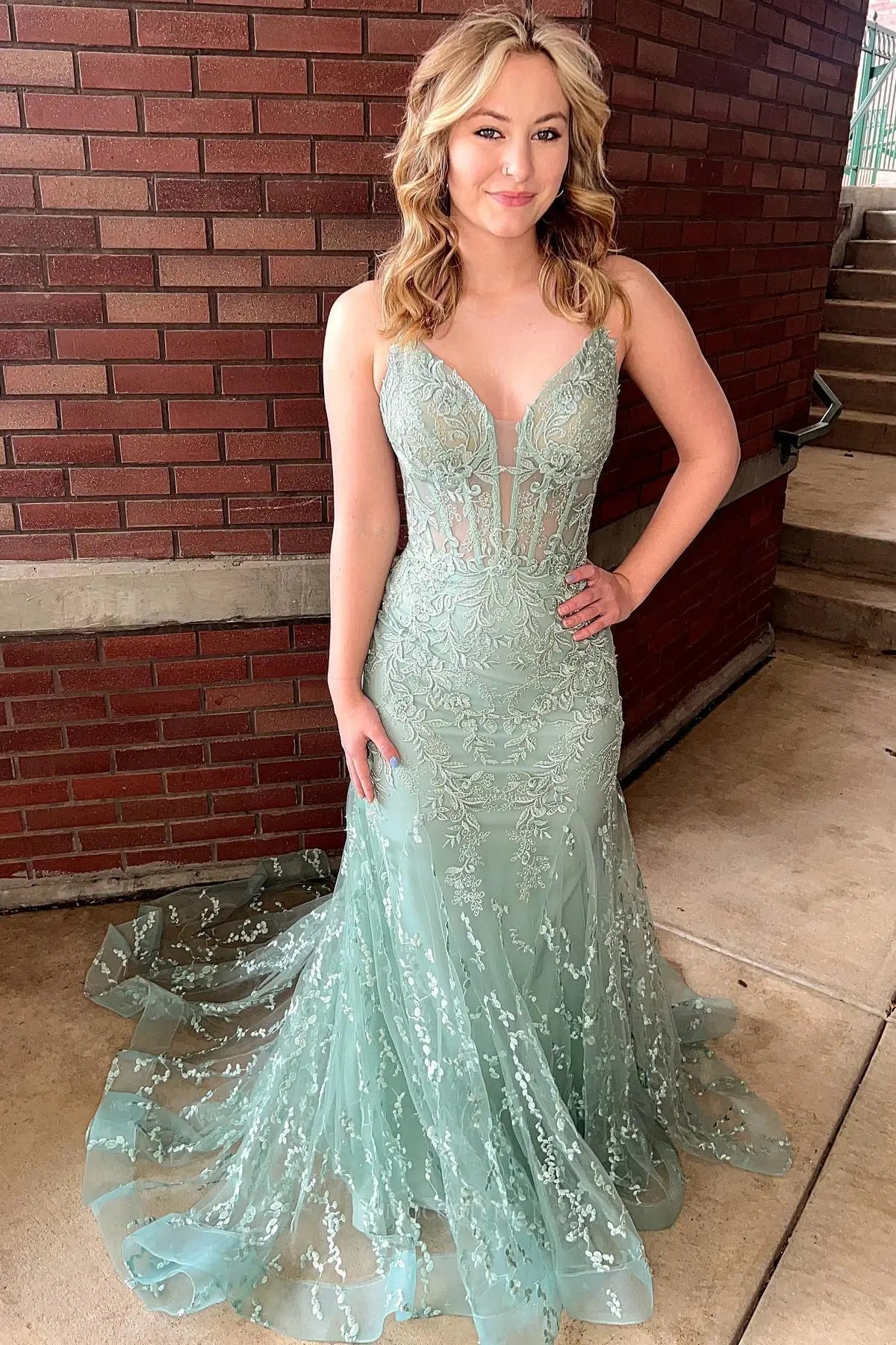 Prom Dresses 2025 to impress Elegant Lace Mermaid Prom Dresses 2025 with Spaghetti Straps & Plunging V-Neck – 25102-vigocouture-Green-Custom Size-vigocouture