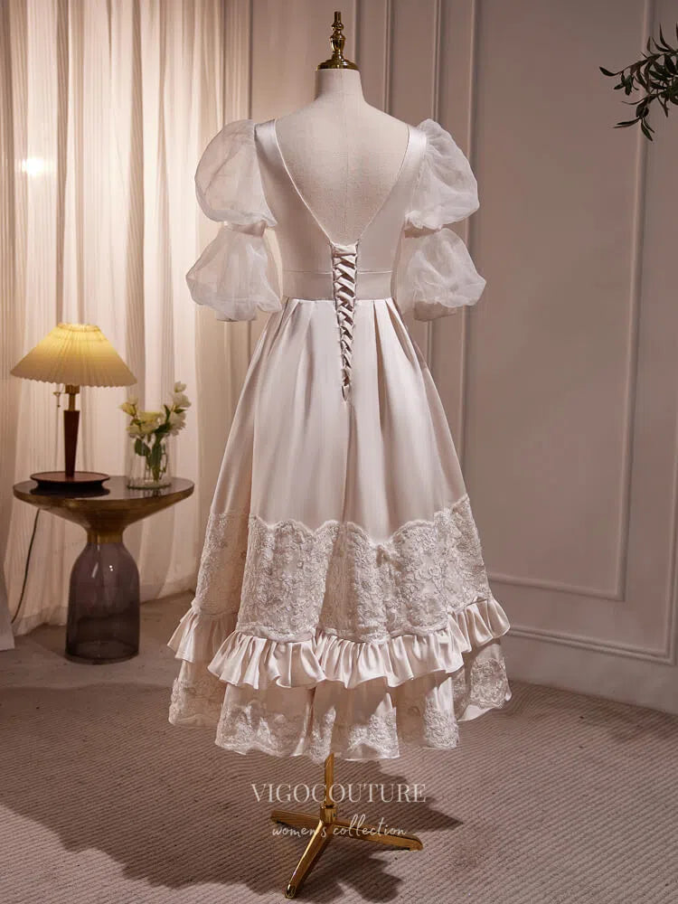 Elegant Lace Satin Prom Dresses Puffed Sleeve Tea-Length Dress hc254 Elegant Lace Satin Prom Dresses Puffed Sleeve Tea-Length Dress hc254
