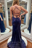 Prom Dress 2025 Elegant Navy Blue Spaghetti Strap Mermaid Prom Dress with Beaded Bodice and Sequin Bottom 22193-unique elegant Prom Dresses-Navy Blue-Custom Size-vigocouture