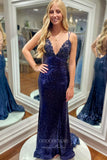 Prom Dress 2025 Elegant Navy Blue Spaghetti Strap Mermaid Prom Dress with Beaded Bodice and Sequin Bottom 22193-unique elegant Prom Dresses-Navy Blue-Custom Size-vigocouture