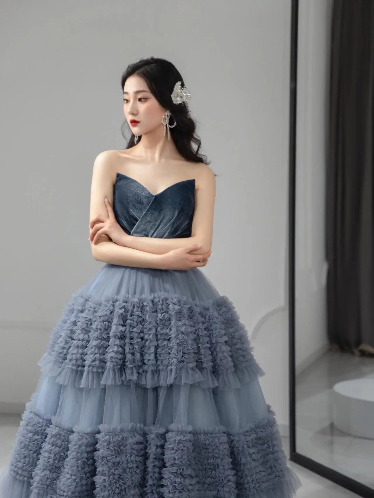 tiered tulle cocktail dress Strapless Tiered Tulle Ball Gown with Lace Bodice 40502