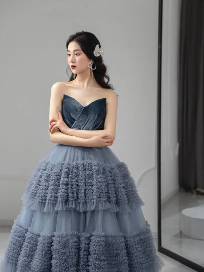 Elegant Navy Blue Tiered Tulle Ball Gown Strapless Ruffled Evening Dress 25308 Custom Colors / US22W Elegant Navy Blue Tiered Tulle Ball Gown Strapless Ruffled Evening Dress 25308 Custom Colors / US22W