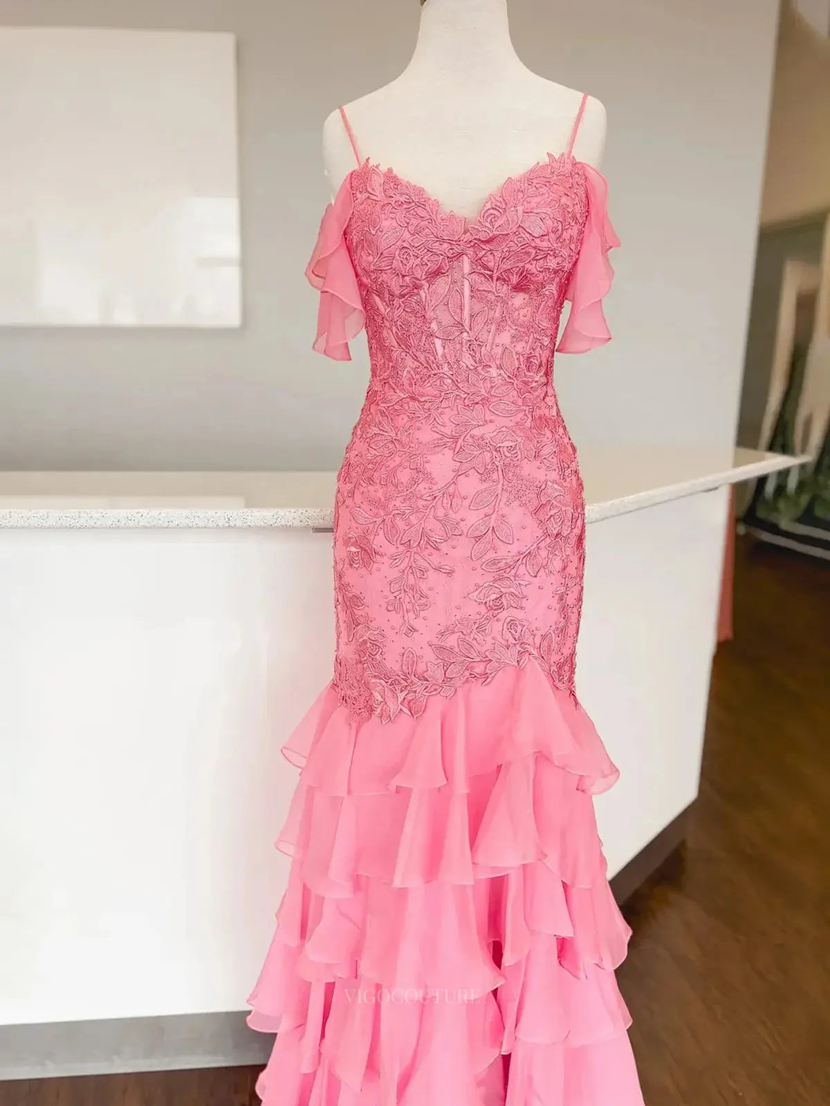 Prom Dresses 2025 to impress Elegant Off the Shoulder Prom Dresses Lace Bodice Chiffon Tiered Bottom Formal Dress – 25176-vigocouture-Pink-Custom Size-vigocouture