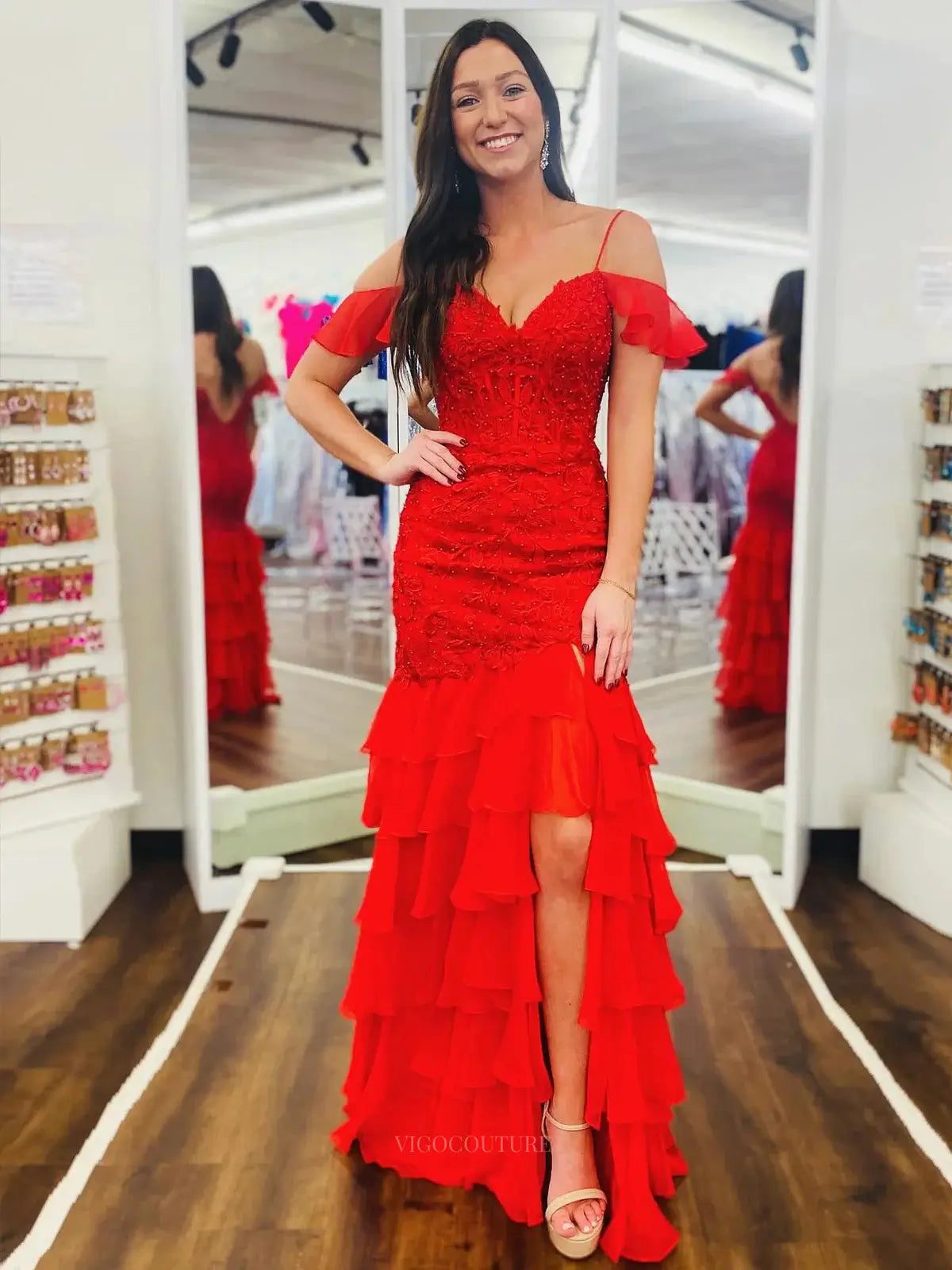 Prom Dresses 2025 to impress Elegant Off the Shoulder Prom Dresses Lace Bodice Chiffon Tiered Bottom Formal Dress – 25176-vigocouture-Red-Custom Size-vigocouture