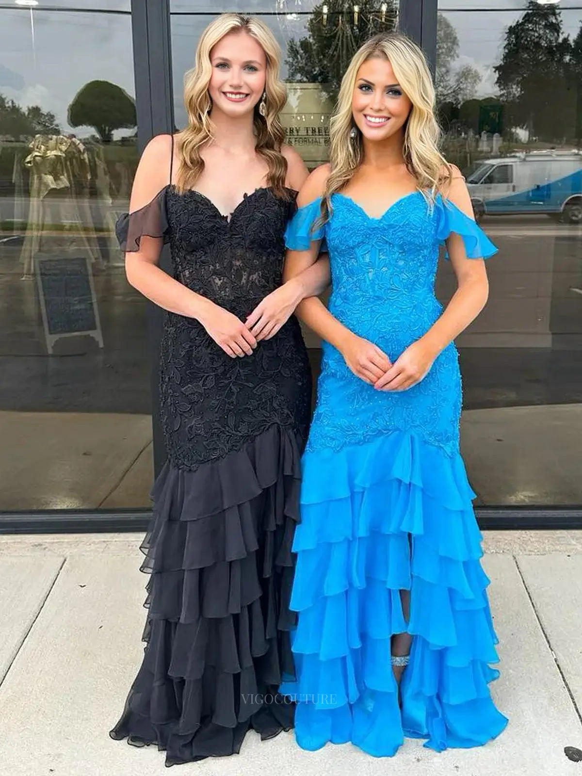 Prom Dresses 2025 to impress Elegant Off the Shoulder Prom Dresses Lace Bodice Chiffon Tiered Bottom Formal Dress – 25176-vigocouture-vigocouture