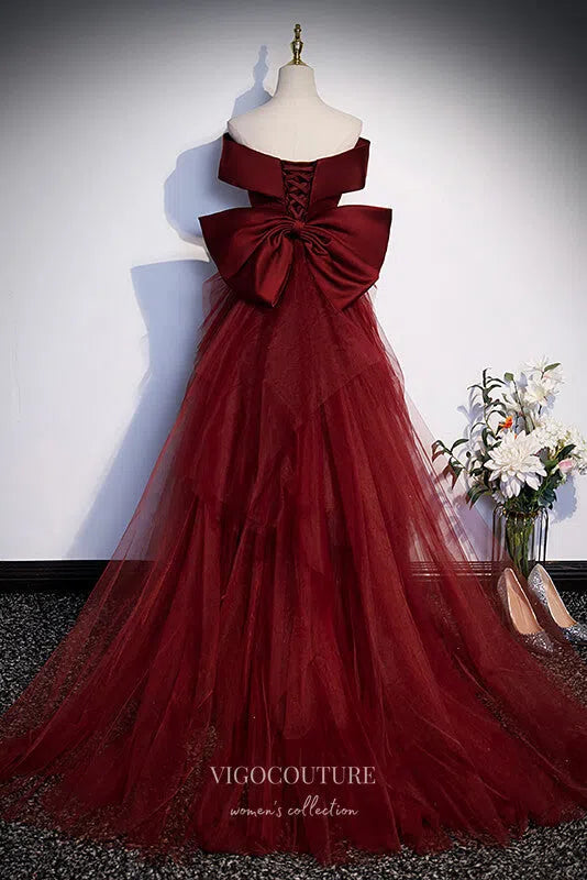 Prom Dress 2025 Elegant Off the Shoulder Satin Prom Dress with Removable Bow-Tie Train 22261-unique elegant Prom Dresses-Burgundy-Custom Size-vigocouture