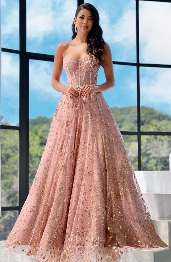 Prom Dress 2025 Elegant Pink Beaded Lace Prom Dresses Strapless Formal Gown 24009-unique elegant Prom Dresses-Pink-Custom Size-vigocouture