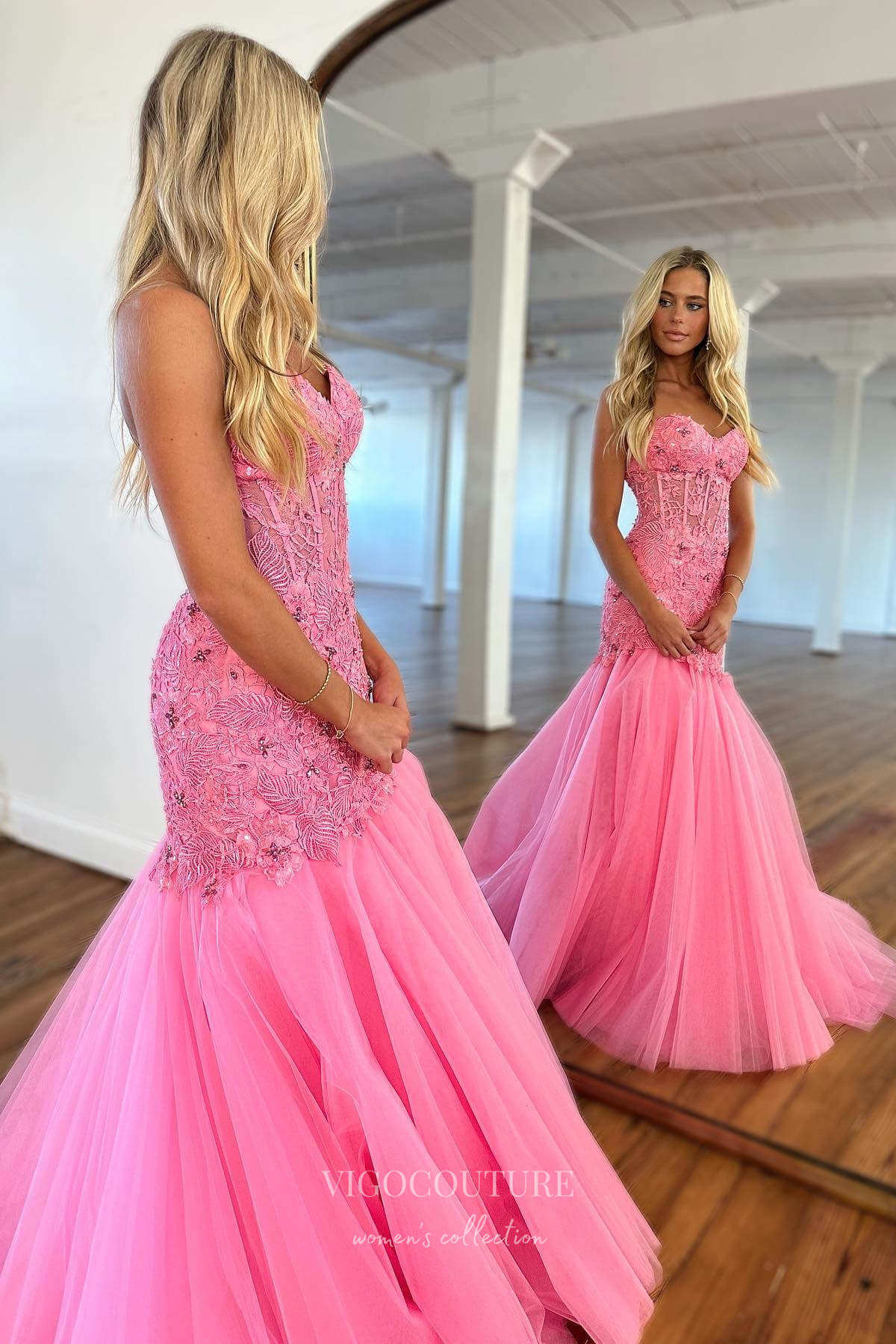 Prom Dress 2025 Elegant Pink Lace Applique Strapless Prom Dress with Sweetheart Neck 22215-unique elegant Prom Dresses-Pink-Custom Size-vigocouture