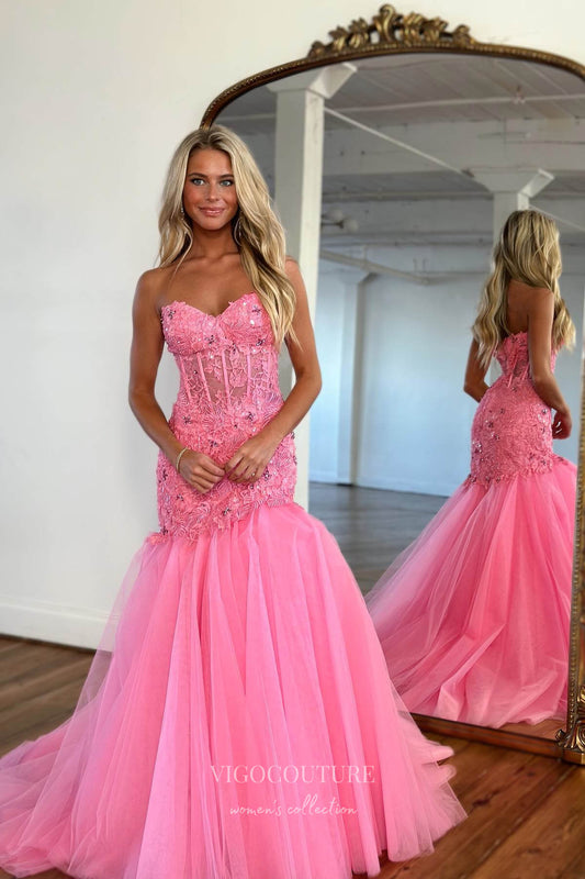 Prom Dress 2025 Elegant Pink Lace Applique Strapless Prom Dress with Sweetheart Neck 22215-unique elegant Prom Dresses-Pink-Custom Size-vigocouture