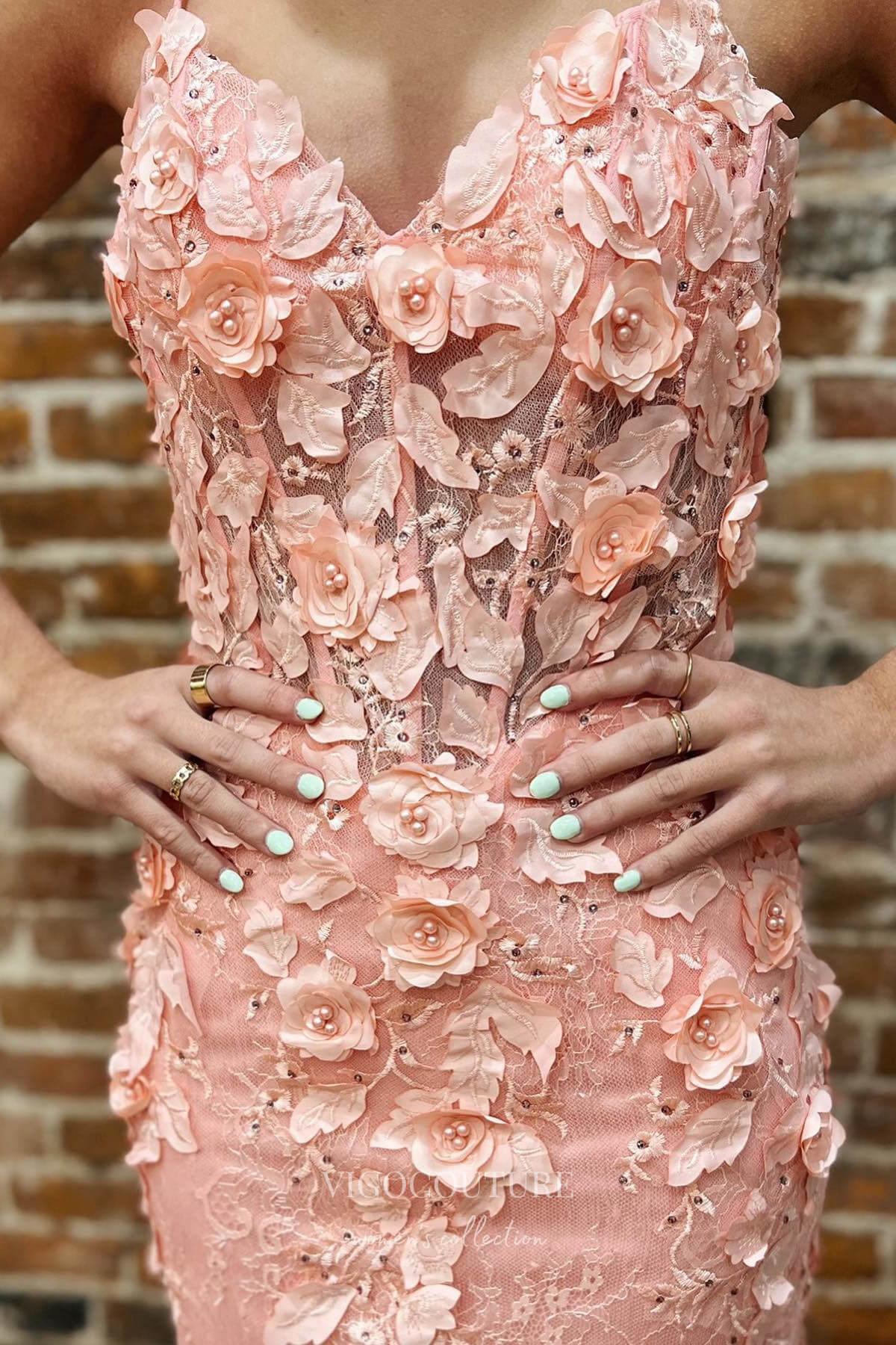 Elegant Pink Mermaid Prom Dress with Spaghetti Straps and 3D Flower La vigocouture Elegant Pink Mermaid Prom Dress with Spaghetti Straps and 3D Flower La vigocouture