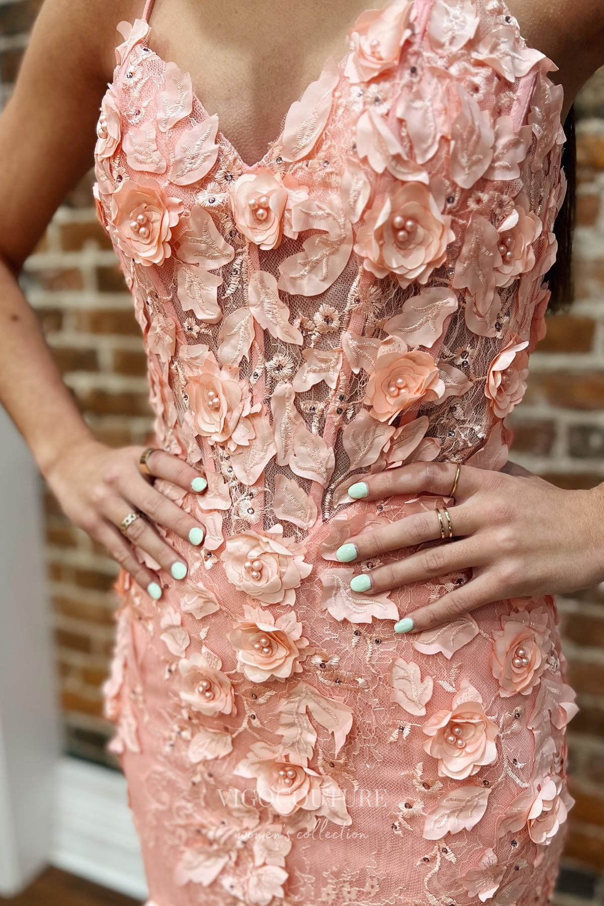 Elegant Pink Mermaid Prom Dress with Spaghetti Straps and 3D Flower Lace Applique 22195 - Pink / US4 Elegant Pink Mermaid Prom Dress with Spaghetti Straps and 3D Flower Lace Applique 22195 - Pink / US4