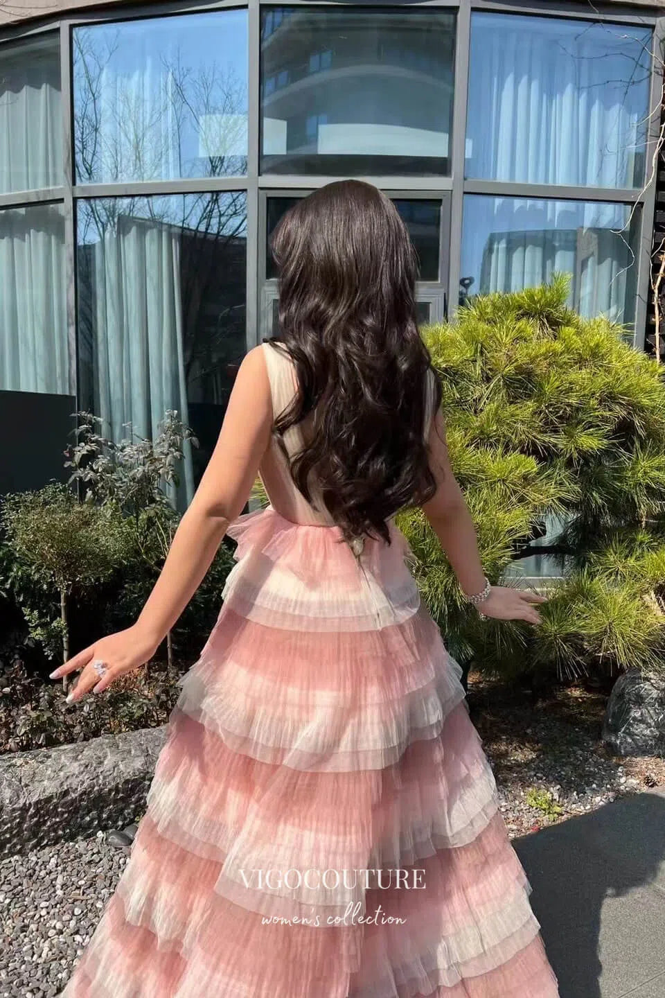 Prom Dress 2025 Elegant Pink Ombre Ruffled Prom Dress with V-Neck 22244-unique elegant Prom Dresses-Pink-US2-vigocouture