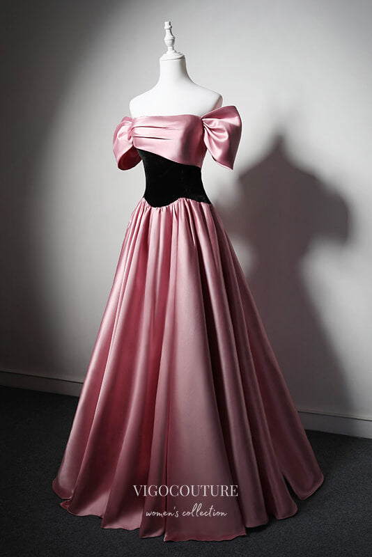Elegant Pink Satin Prom Dress with Off-the-Shoulder 22379