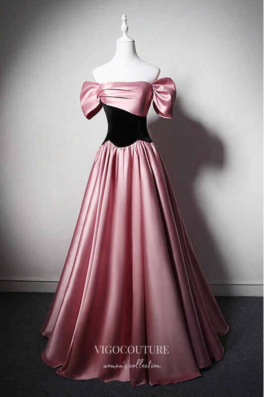 Prom Dress 2025 Elegant Pink Satin Prom Dress with Off-the-Shoulder 22379-unique elegant Prom Dresses-Pink-Custom Size-vigocouture