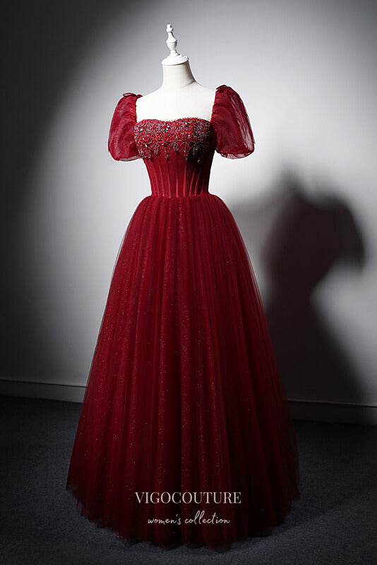 Elegant Red Beaded Prom Dresses with Puffed Sleeve 22365 vigocouture Elegant Red Beaded Prom Dresses with Puffed Sleeve 22365 vigocouture