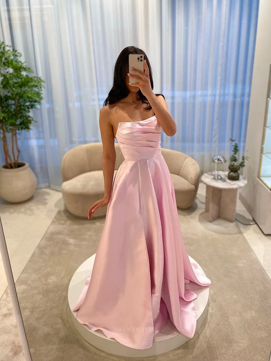 Prom Dresses 2025 to impress Elegant Satin A-Line Prom Dress with Strapless Asymmetric Neckline and Pleated Bodice - P26045-vigocouture-Blush-Custom Size (Add Note in Cart)-vigocouture