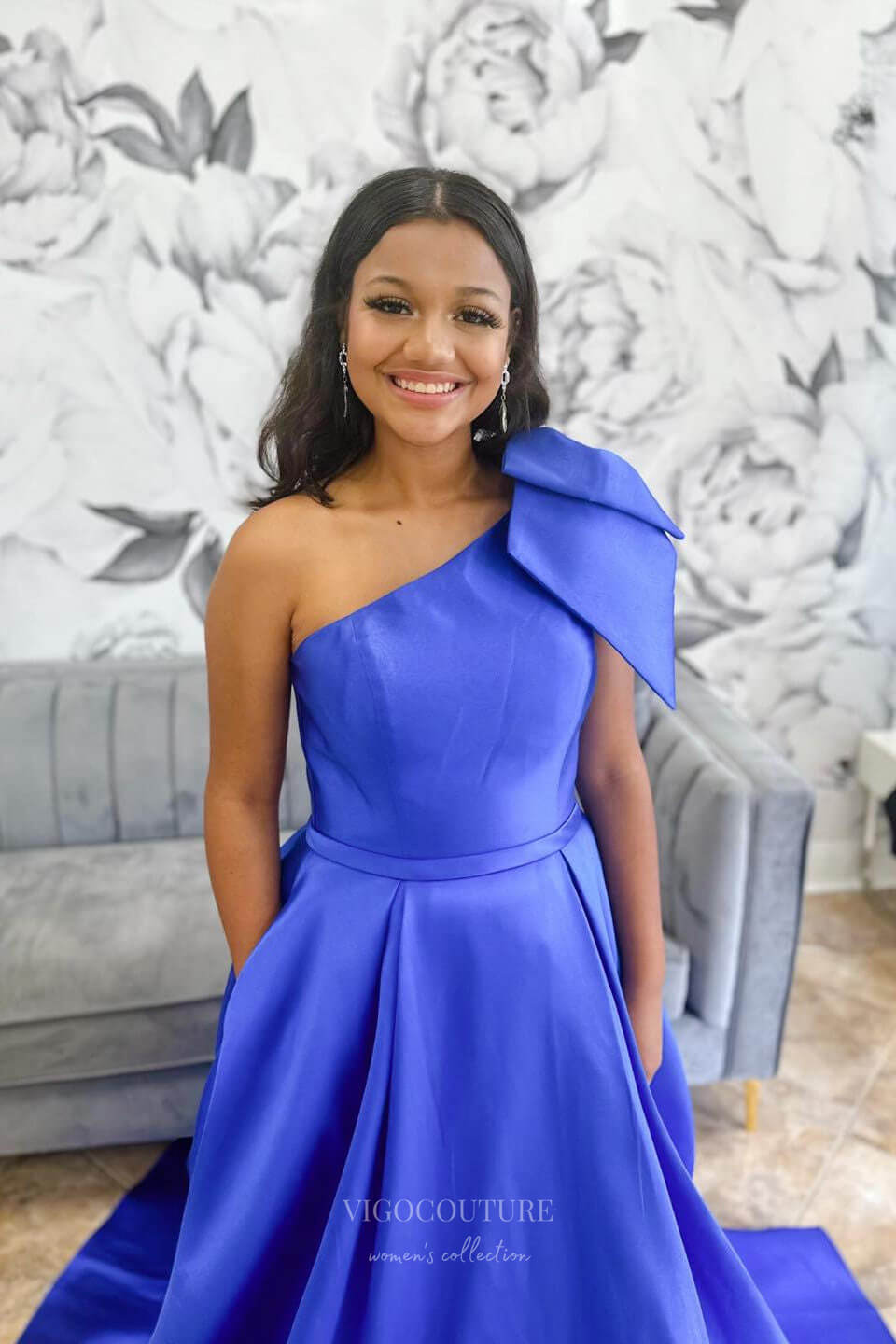 Prom Dress 2025 Elegant Satin Bow-Tie Cheap Prom Dresses One Shoulder Formal Gown 24349-unique elegant Prom Dresses-Blue-Custom Size-vigocouture