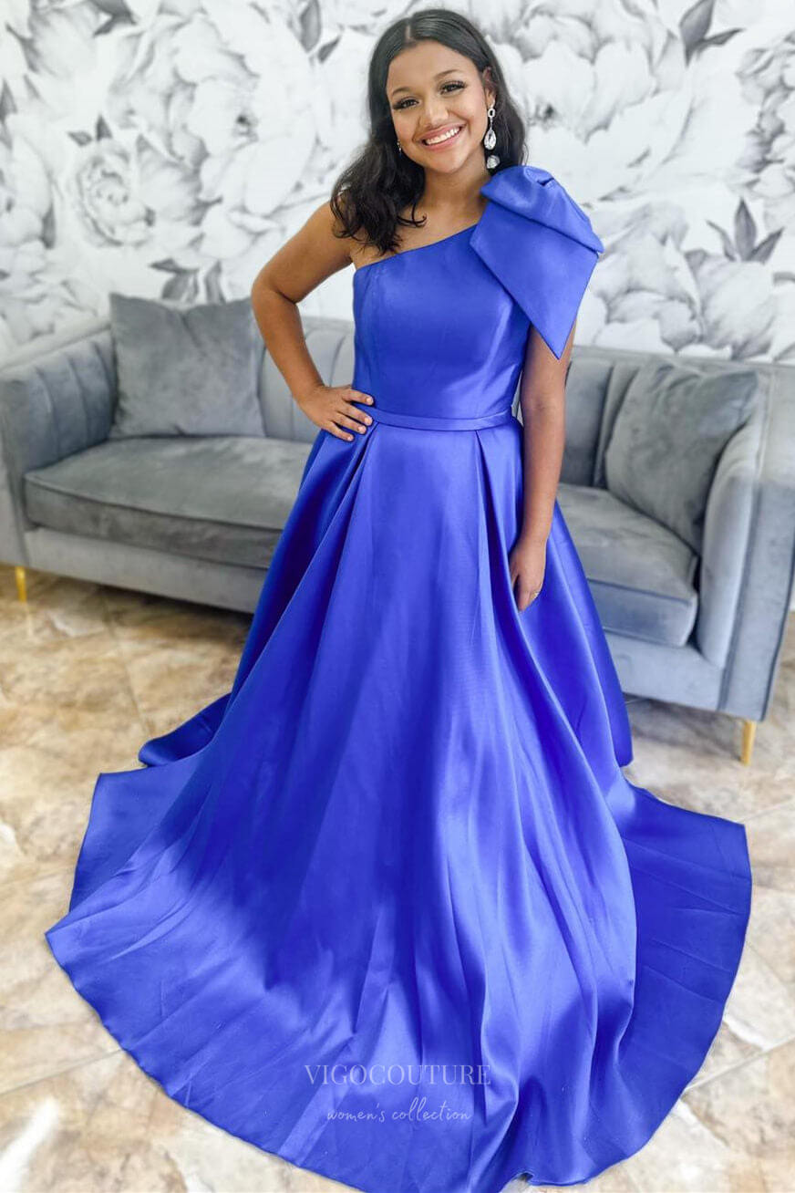 Prom Dress 2025 Elegant Satin Bow-Tie Cheap Prom Dresses One Shoulder Formal Gown 24349-unique elegant Prom Dresses-Blue-Custom Size-vigocouture