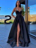 Prom Dress 2025 Elegant Satin Cheap Prom Dresses with Slit Spaghetti Strap 24312-unique elegant Prom Dresses-Black-Custom Size-vigocouture