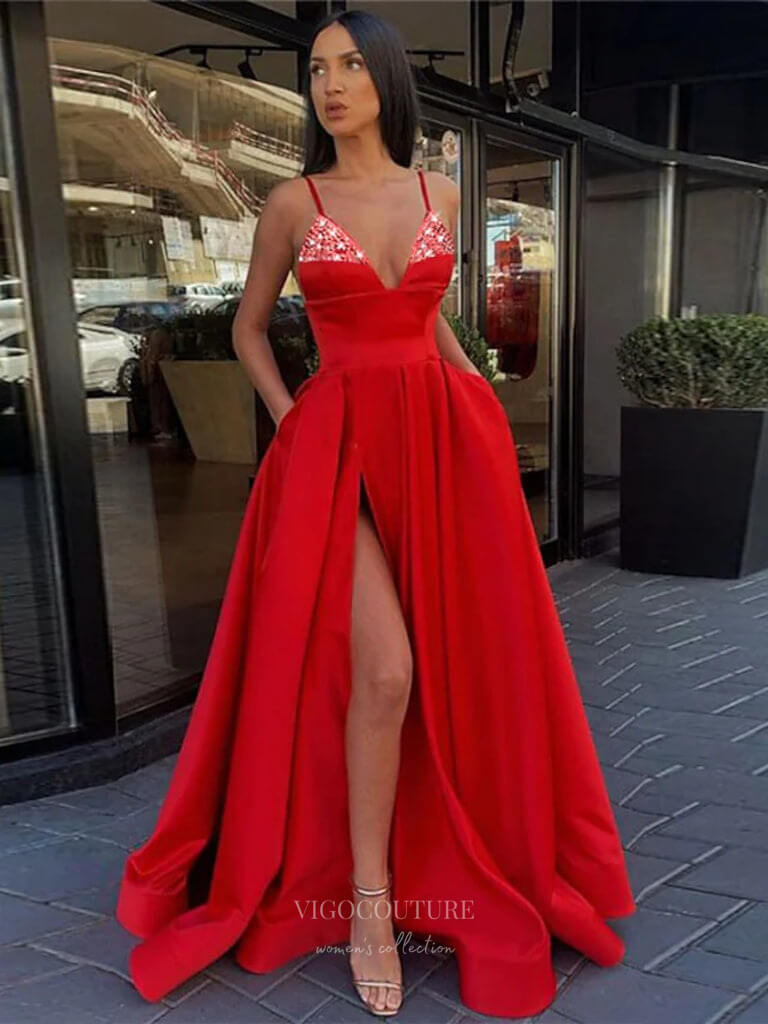 Prom Dress 2025 Elegant Satin Cheap Prom Dresses with Slit Spaghetti Strap 24312-unique elegant Prom Dresses-Red-Custom Size-vigocouture