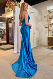 Prom Dress 2025 Elegant Satin Mermaid Cheap Prom Dresses with Slit Spaghetti Strap Boned Bodice 24356-unique elegant Prom Dresses-Blue-Custom Size-vigocouture