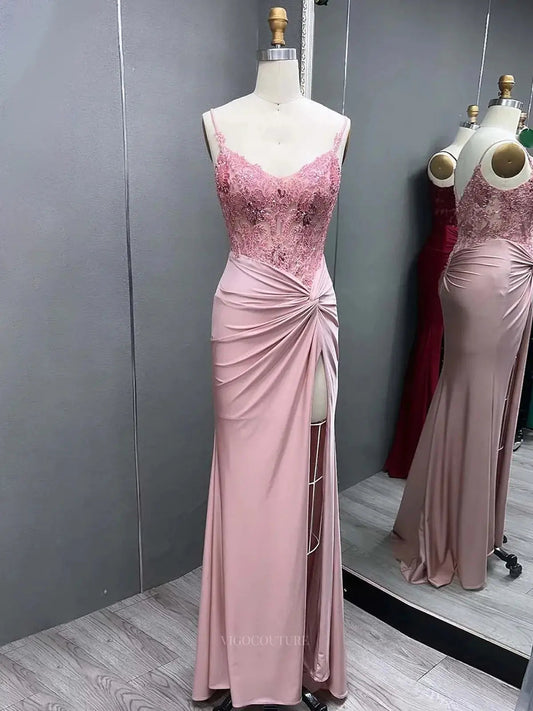 Prom Dresses 2025 to impress Elegant Satin Mermaid Prom Dresses 2025 High Slit Spaghetti Strap Lace Bodice – 25140-vigocouture-Pink-Custom Size-vigocouture