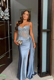 Prom Dresses 2025 to impress Elegant Satin Mermaid Prom Dresses 2025 Spaghetti Strap Sheer Formal Dresses with Slit – 25137-vigocouture-Dusty Blue-Custom Size-vigocouture