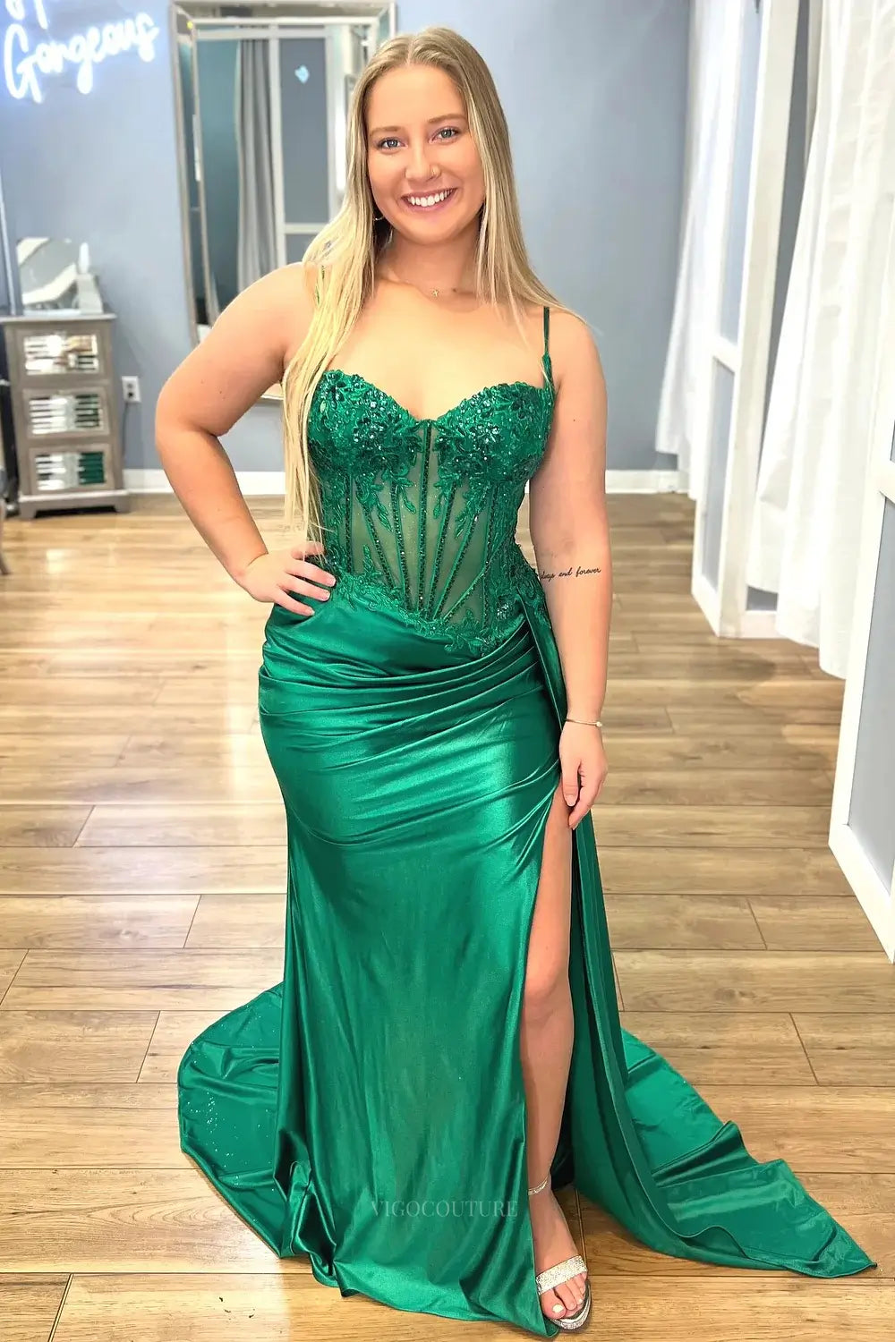 Prom Dresses 2025 to impress Elegant Satin Mermaid Prom Dresses 2025 Spaghetti Strap Sheer Formal Dresses with Slit – 25137-vigocouture-Green-Custom Size-vigocouture