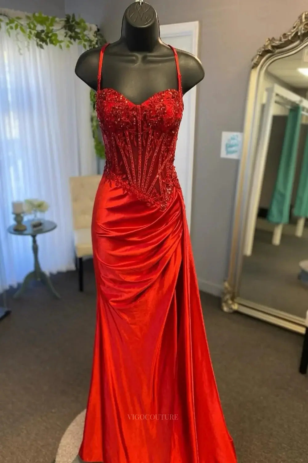 Prom Dresses 2025 to impress Elegant Satin Mermaid Prom Dresses 2025 Spaghetti Strap Sheer Formal Dresses with Slit – 25137-vigocouture-Red-Custom Size-vigocouture