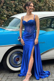 Prom Dresses 2025 to impress Elegant Satin Mermaid Prom Dresses 2025 Spaghetti Strap Sheer Formal Dresses with Slit – 25137-vigocouture-Royal Blue-Custom Size-vigocouture