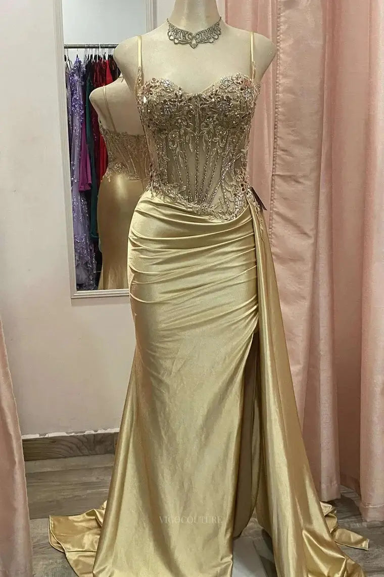 Prom Dresses 2025 to impress Elegant Satin Mermaid Prom Dresses 2025 Spaghetti Strap Sheer Formal Dresses with Slit – 25137-vigocouture-vigocouture