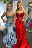 Prom Dresses 2025 to impress Elegant Satin Mermaid Prom Dresses 2025 Spaghetti Strap Sheer Formal Dresses with Slit – 25137-vigocouture-vigocouture