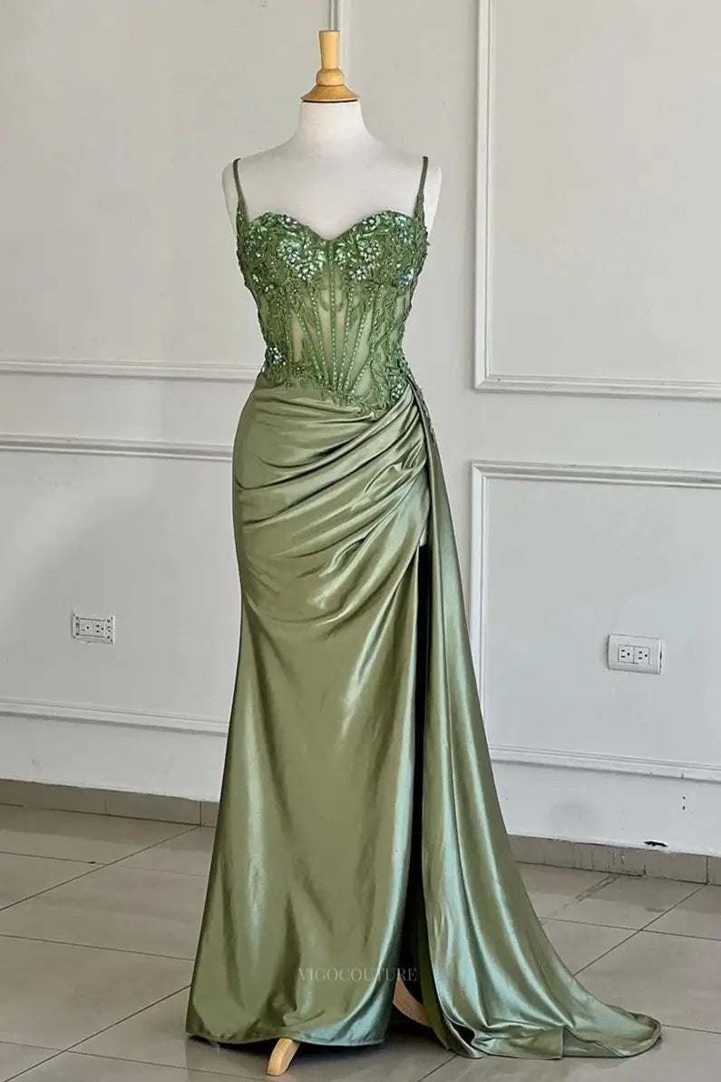 Prom Dresses 2025 to impress Elegant Satin Mermaid Prom Dresses 2025 Spaghetti Strap Sheer Formal Dresses with Slit – 25137-vigocouture-vigocouture