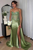 Prom Dresses 2025 to impress Elegant Satin Mermaid Prom Dresses 2025 Spaghetti Strap Sheer Formal Dresses with Slit – 25137-vigocouture-Sage-Custom Size-vigocouture