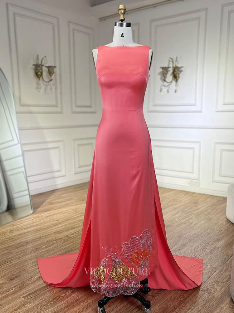 Elegant Satin Mermaid Prom Dresses with Removable Train Butterfly Lace Formal Dress 24529 Pink / US2