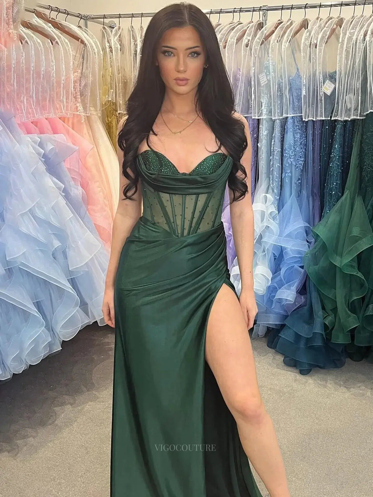 Elegant Satin Sheath Prom Dresses with Slit Spaghetti Strap Sheer Bone – vigocouture