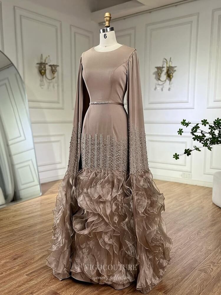 Prom Dress 2025 Elegant Satin Sheath Ruffled Prom Dresses Extra Long Sleeve Pageant Dress 25006-unique elegant Prom Dresses-As Pictured-US2-vigocouture