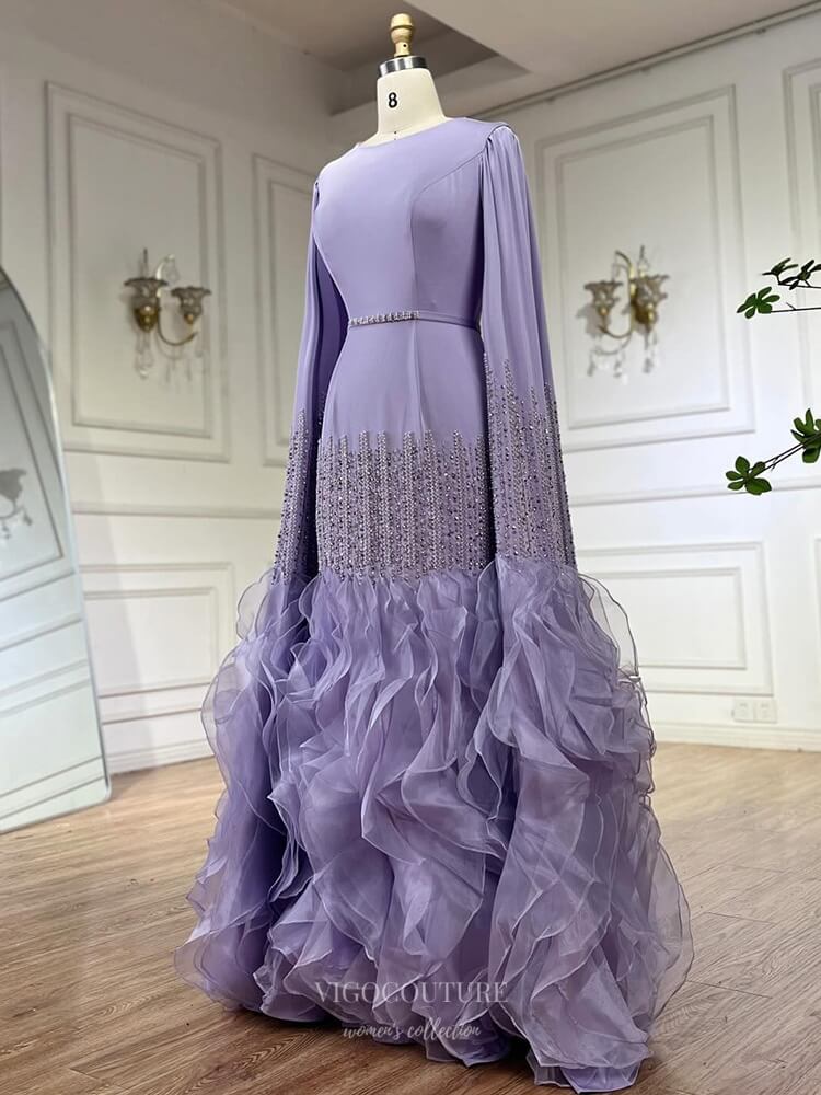 Prom Dress 2025 Elegant Satin Sheath Ruffled Prom Dresses Extra Long Sleeve Pageant Dress 25006-unique elegant Prom Dresses-As Pictured-US2-vigocouture