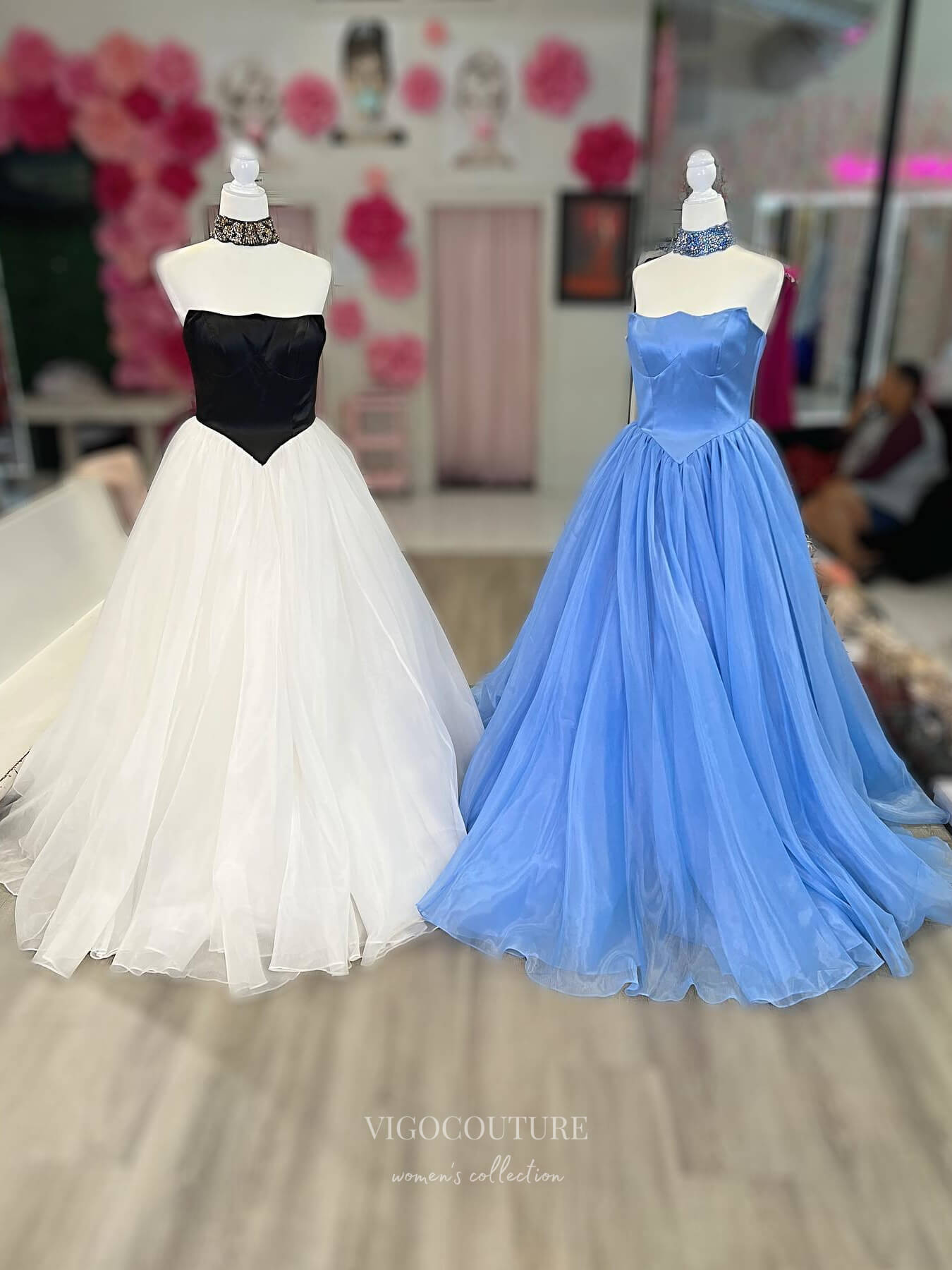 Prom Dress 2025 Elegant Strapless Organza Cheap Prom Dresses Satin Formal Gown 24150-unique elegant Prom Dresses-Light Blue-Custom Size-vigocouture