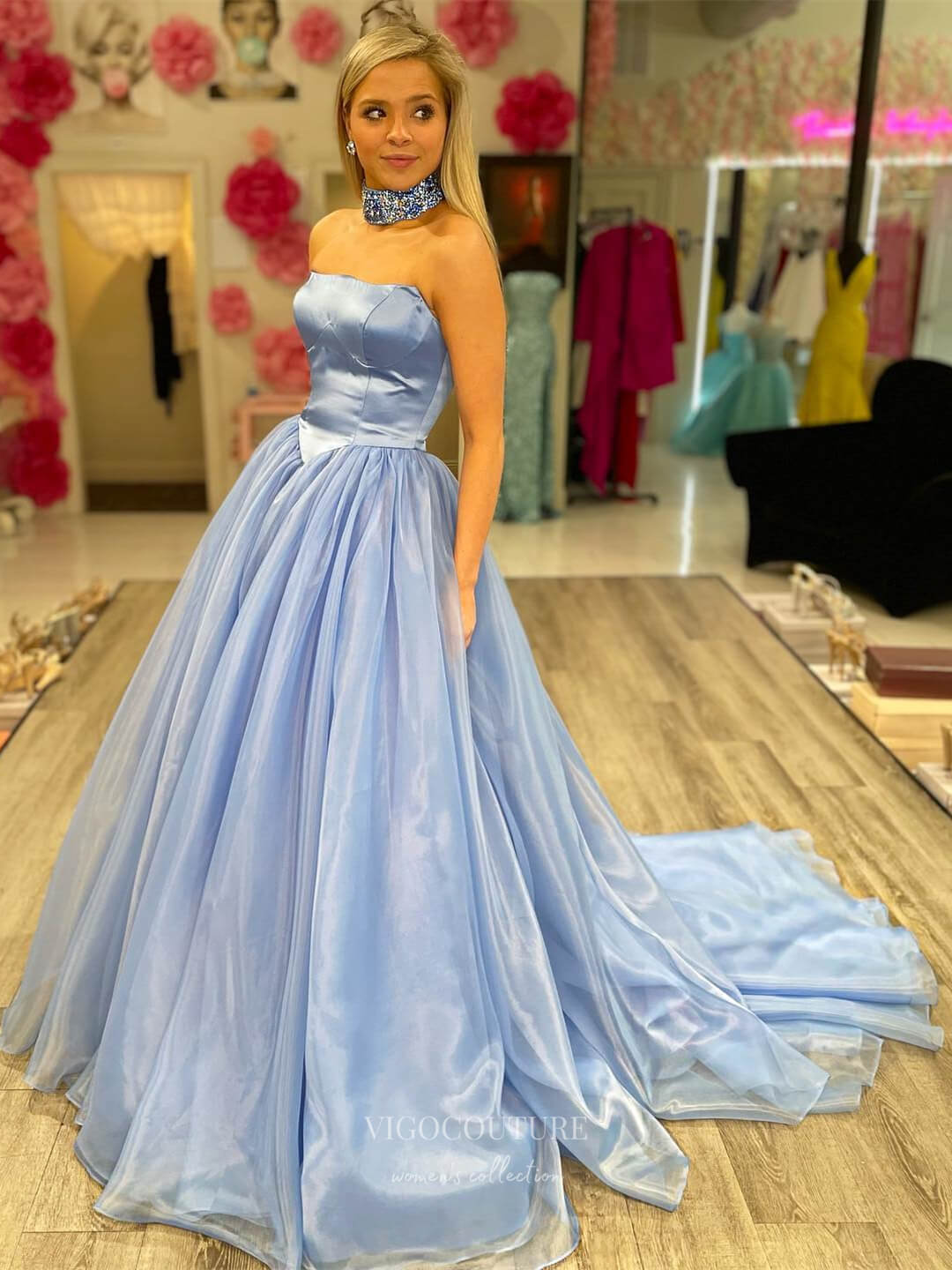 Prom Dress 2025 Elegant Strapless Organza Cheap Prom Dresses Satin Formal Gown 24150-unique elegant Prom Dresses-Light Blue-Custom Size-vigocouture