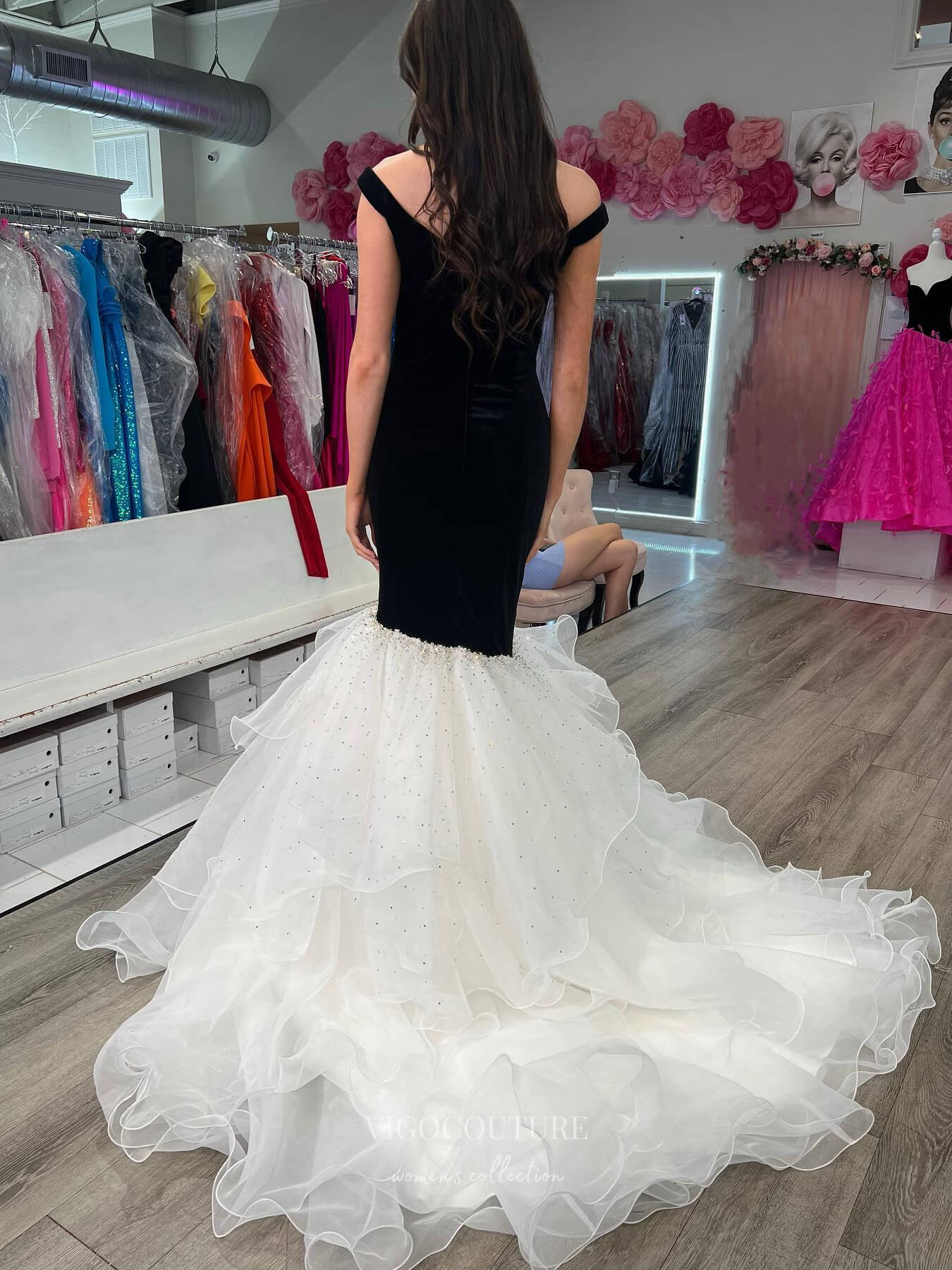 Prom Dress 2025 Elegant Tiered Mermaid Prom Dresses Velvet Off the Shoulder 24216-unique elegant Prom Dresses-Black-Custom Size-vigocouture