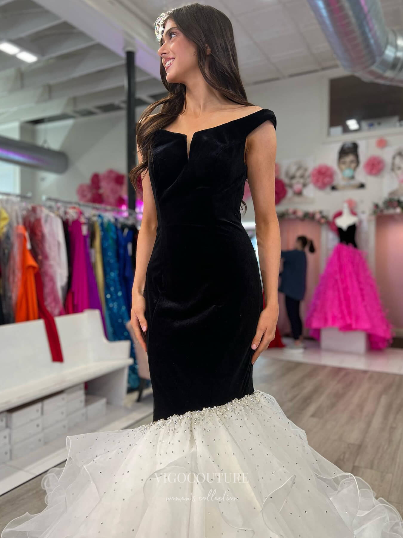 Prom Dress 2025 Elegant Tiered Mermaid Prom Dresses Velvet Off the Shoulder 24216-unique elegant Prom Dresses-Black-Custom Size-vigocouture