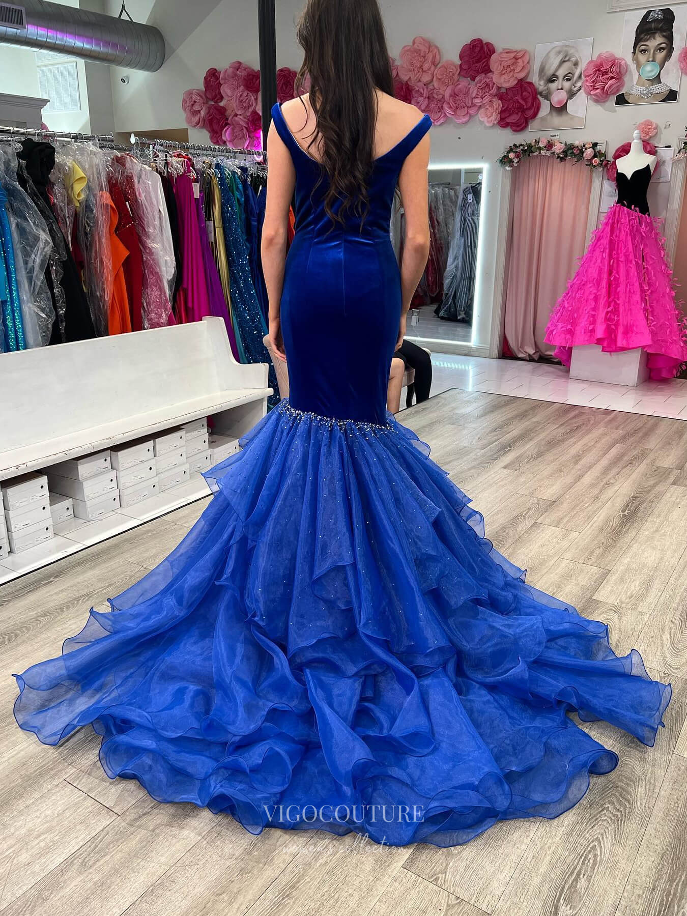 Elegant Tiered Mermaid Prom Dresses Velvet Off The Shoulder 24216 Royal Blue / US10 Elegant Tiered Mermaid Prom Dresses Velvet Off The Shoulder 24216 Royal Blue / US10