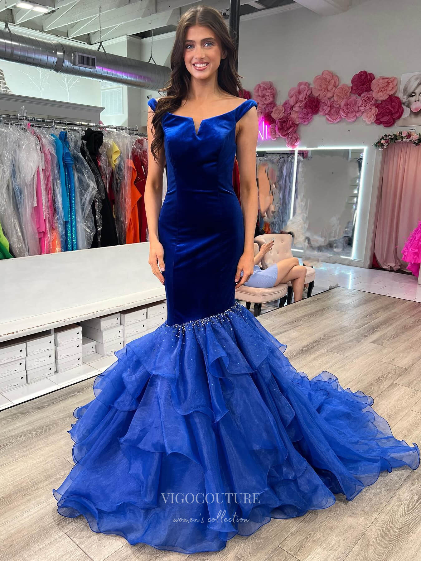 Prom Dress 2025 Elegant Tiered Mermaid Prom Dresses Velvet Off the Shoulder 24216-unique elegant Prom Dresses-Royal Blue-Custom Size-vigocouture