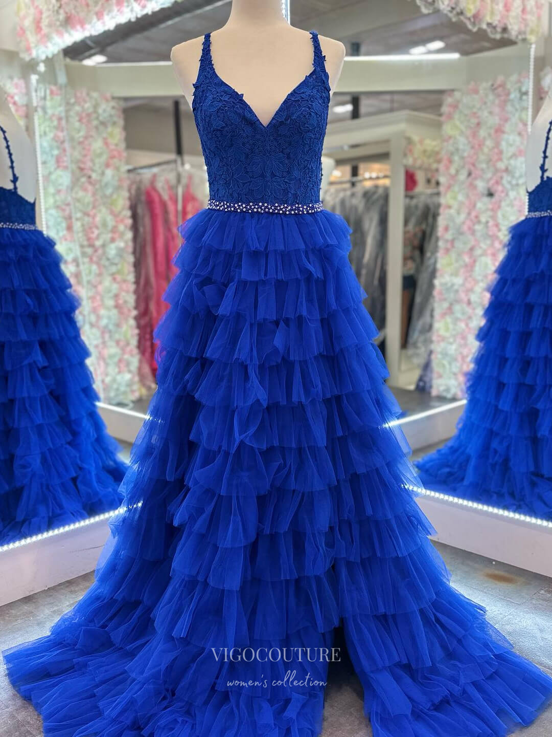 Prom Dress 2025 Elegant Tiered Prom Dresses with Slit Spaghetti Strap Lace Applique 24186-unique elegant Prom Dresses-Blue-Custom Size-vigocouture