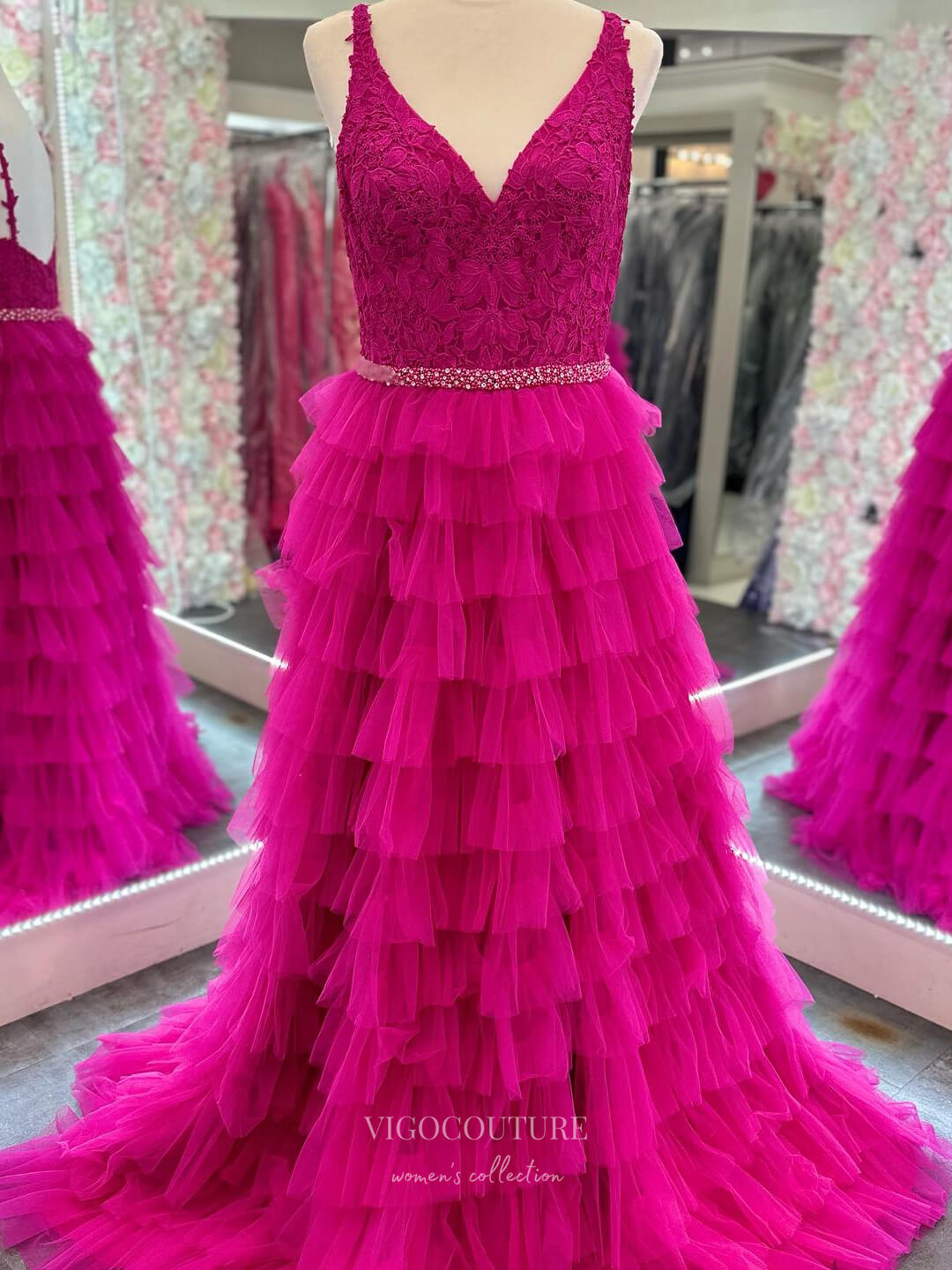 Prom Dress 2025 Elegant Tiered Prom Dresses with Slit Spaghetti Strap Lace Applique 24186-unique elegant Prom Dresses-Fuchsia-Custom Size-vigocouture