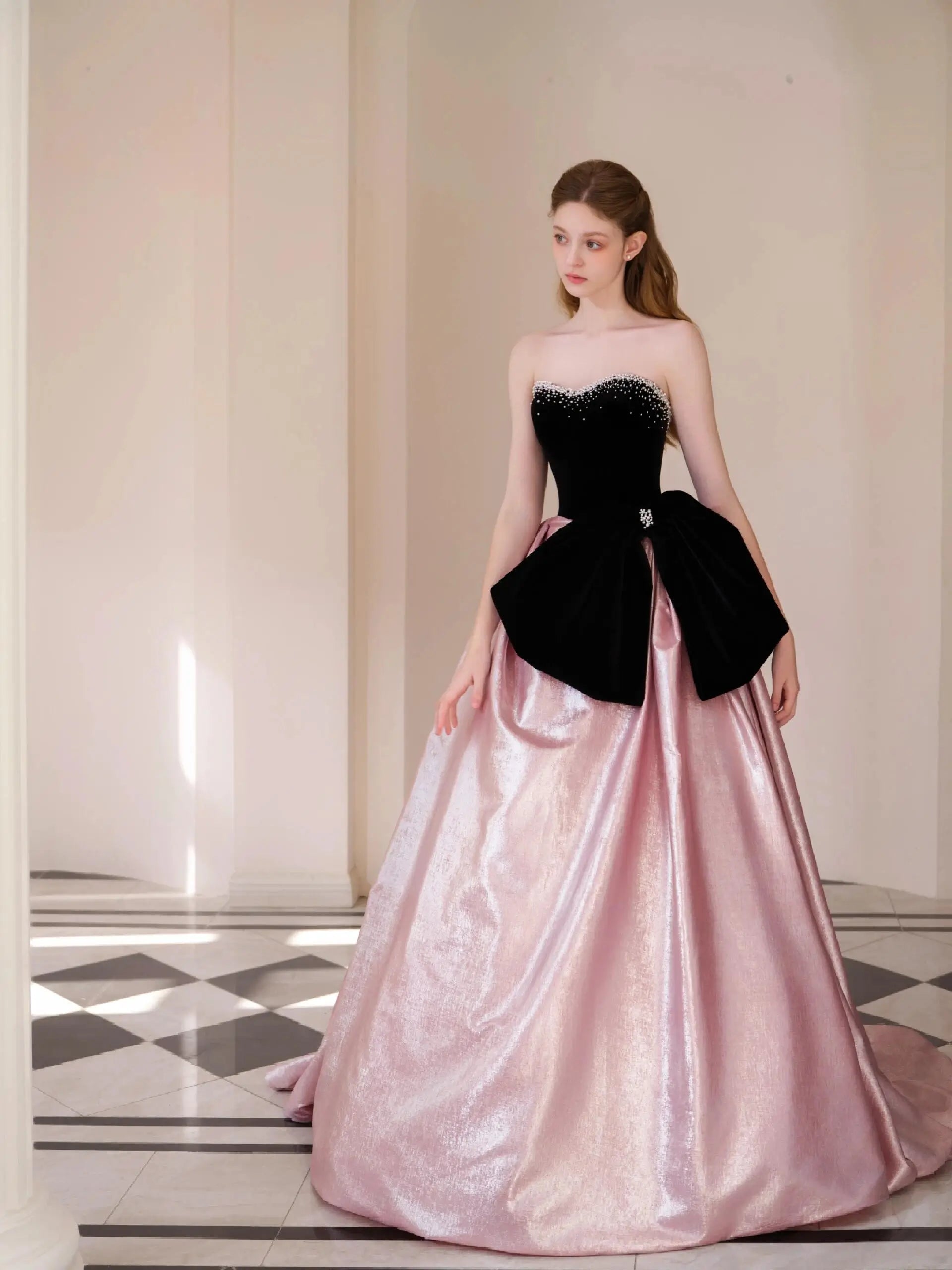 Elegant Velvet Overskirt Ball Gown Black & Pink Strapless Evening Dress 25309 Custom Colors / US20W Elegant Velvet Overskirt Ball Gown Black & Pink Strapless Evening Dress 25309 Custom Colors / US20W
