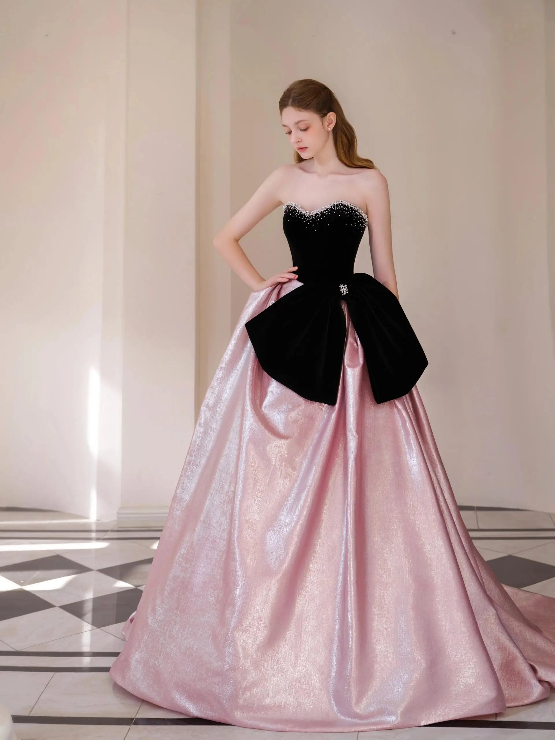 Elegant Velvet Overskirt Ball Gown – Black & Pink Strapless Evening Dress 25309 Custom Colors / US20W