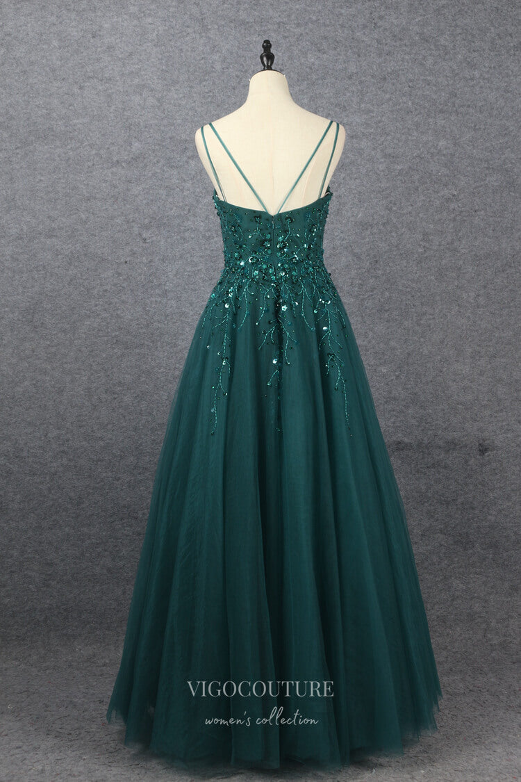 Prom Dress 2025 Emerald Green Beaded Prom Dresses Lace Applique Evening Dress 22131-unique elegant Prom Dresses-Emerald-US2-vigocouture